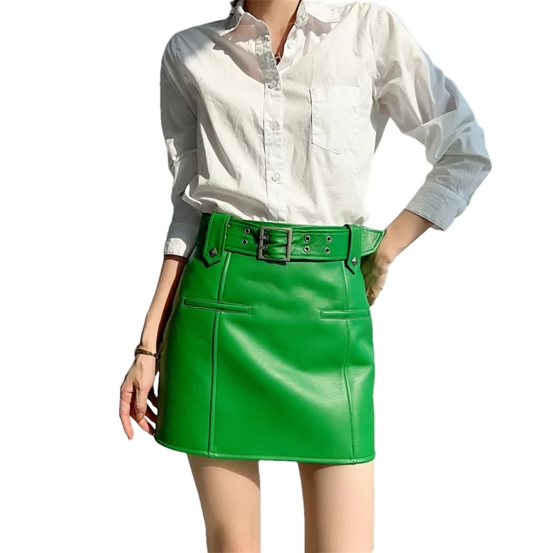 Leather Locomotive Skirt for Women Cargo Skirt with Belt Slim Mini Skirts