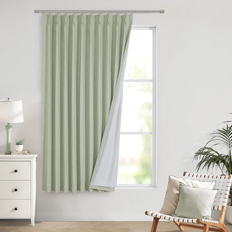 Vision Home Soft Green Pinch Pleated Full Blackout Curtains Linen Blended Room Darkening Window Curtains 63 inch for Living Room Bedroom Thermal Insulated Pinch Pleat Drapes with Hooks 60" Wx63 Lx1