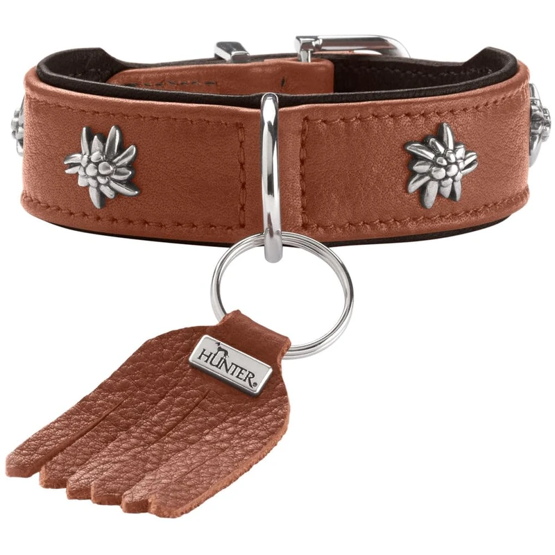 HUNTER Munich Dog Collar Colour: Cognac/Black, Leather, Elegant Costume Details, Soft and Robust, Fur Friendly, Luxurious, Ecologically Produced, Sustainable, Made in Germany, Size: 32