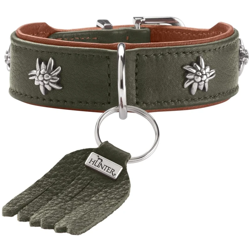 HUNTER Munich Dog Collar Colour: Green/Cognac, Leather, Elegant Costume Details, Soft and Robust, Fur Friendly, Luxurious, Ecologically Produced, Sustainable, Made in Germany, Size: 32