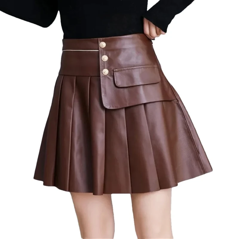Women Sexy Mini Pleated Skirt High Waist Sheepskin Genuine Leather Short Skirts Ladies Slim Fit A Line Skirt Coffee