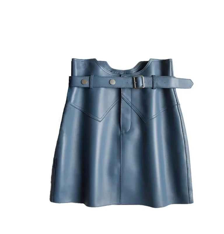 Genuine Leather Sexy Mini Skirt Women Spring High Waist Buttons Retro Belt Pencil Skirt Blue