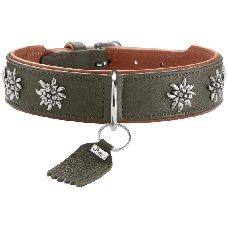 HUNTER Munich Dog Collar Colour: Green/Cognac, Leather, Elegant Costume Details, Soft and Robust, Fur Friendly, Luxurious, Ecologically Produced, Sustainable, Made in Germany, Size: 55