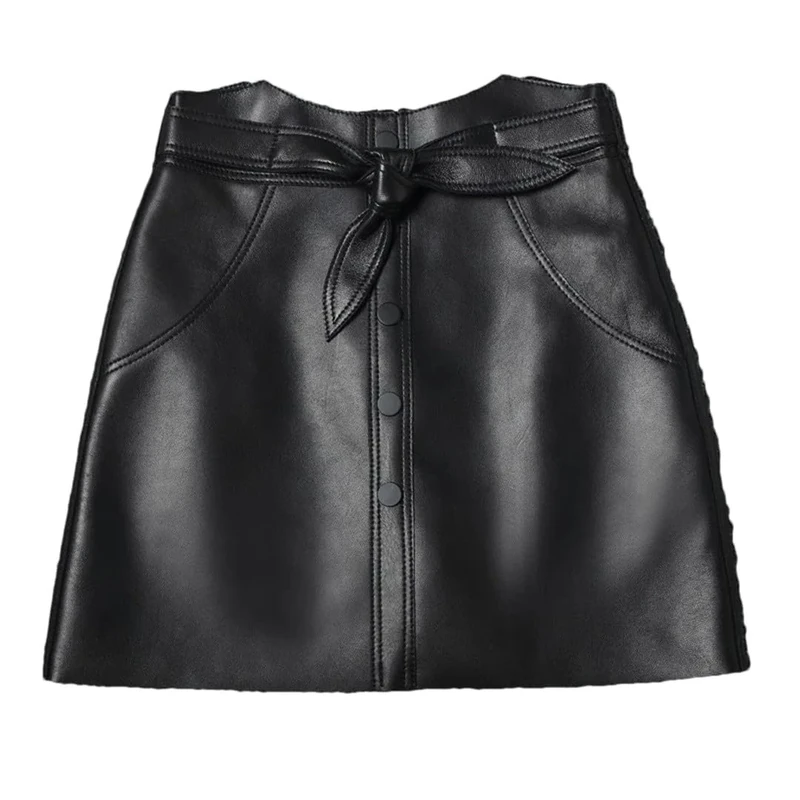 Sexy A-Line Wrap Mini Skirt Bowknot High Waist Buttons Sheepskin Genuine Leather Skirts Women Slim Fit Short Skirt Black