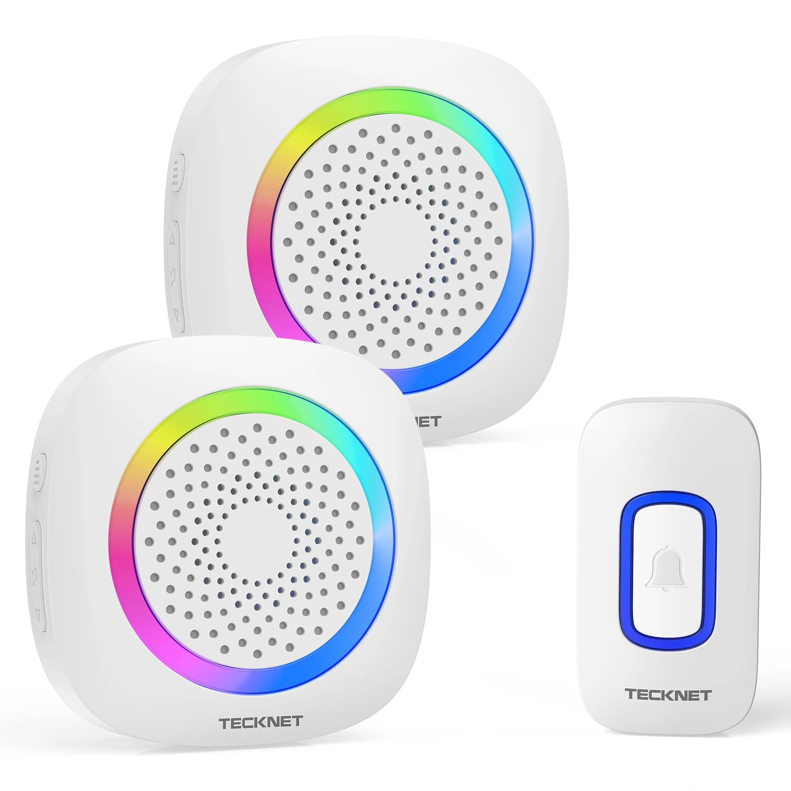 TECKNET Wireless Doorbell with 2 Portable Receivers, Battery Operated Doorbell with RGB Light, IP66 Waterproof Doorbell Set, 396m Wireless Range, 0-110dB and 60 Ringtones, 36