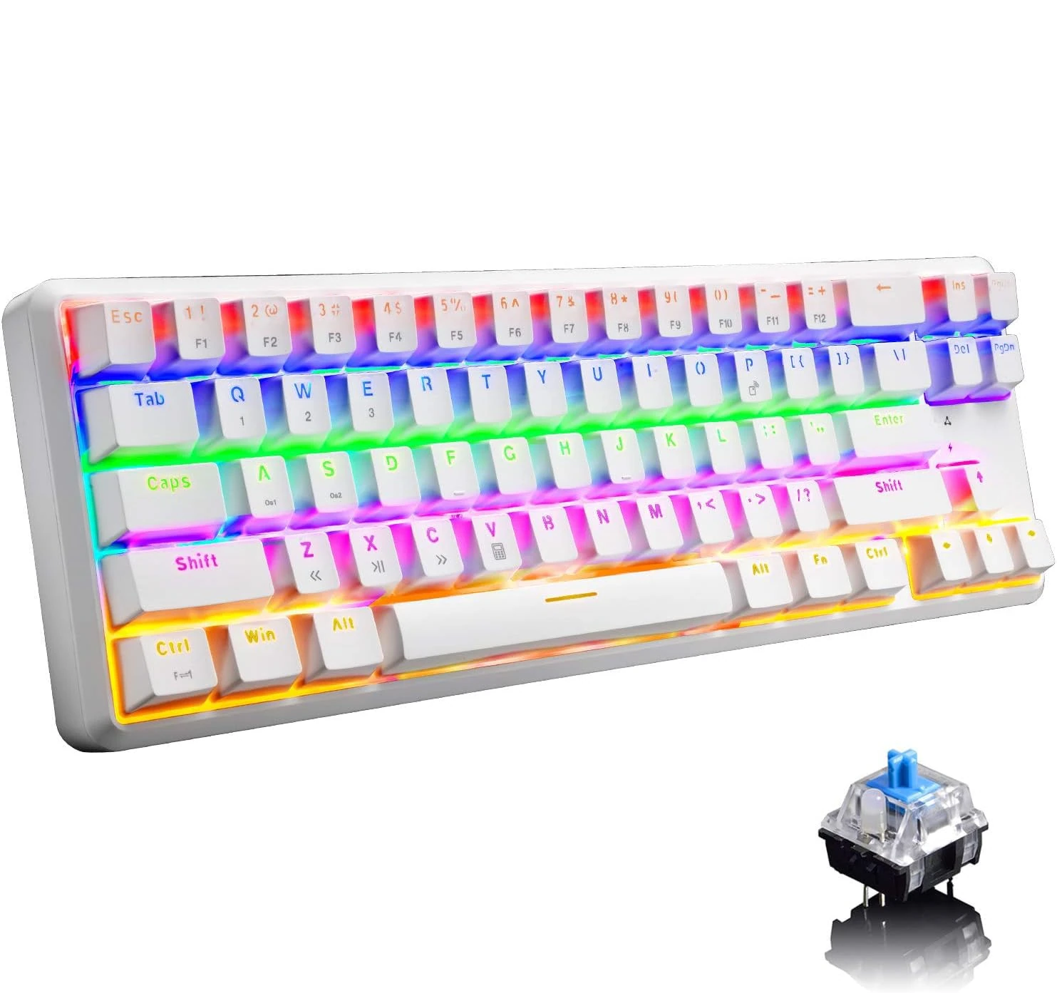 EWEADN K680T Mechanical Gaming Keyboard 60%, Wired & Wireless Bluetooth Dual Mode, RGB Backlit Light Up Keyboard 68 Keys Anti-Ghosting, Rechargeable Blue Switch 18 Backlit for PC Laptop-White