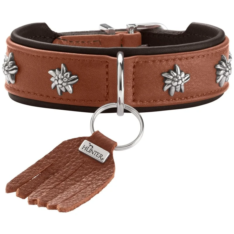 HUNTER Munich Dog Collar Colour: Cognac/Black, Leather, Elegant Costume Details, Soft and Robust, Fur Friendly, Luxurious, Ecologically Produced, Sustainable, Made in Germany, Size: 47