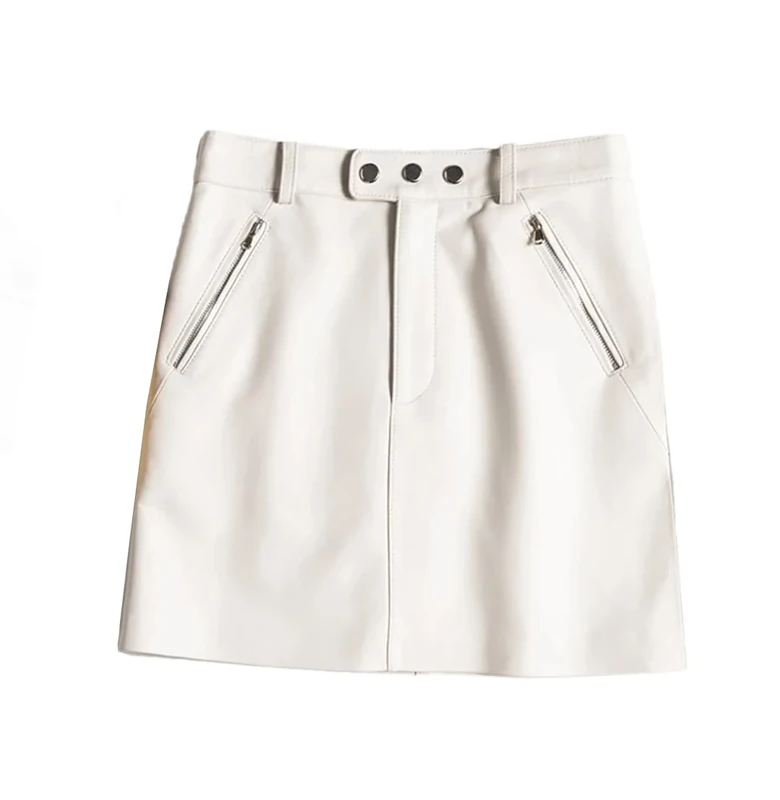 Generic Leather Mini Skirt - Waist A-Line, Sexy Buttons, Beige