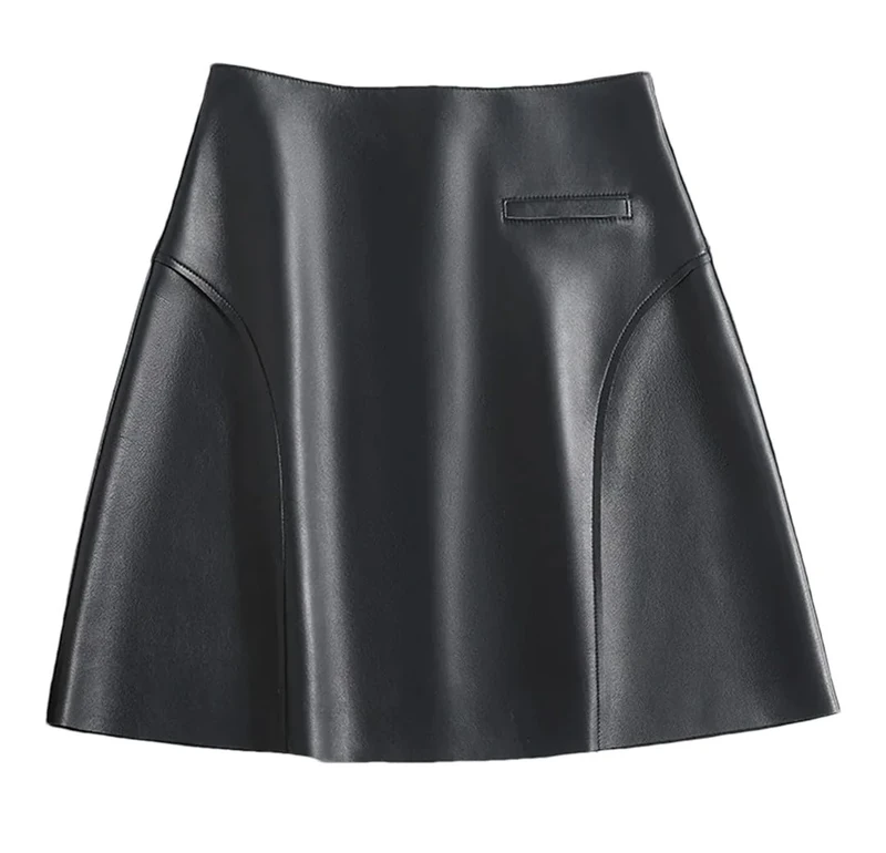 Real Leather Sexy Mini Skirt Women Spring High Waist Buttons A-Line Skirt Black