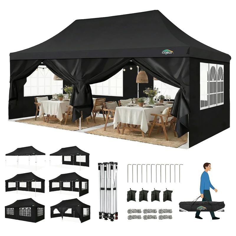 TOOLUCK Folding Gazebo 3 x 6 m 3 x 6 m Outdoor Waterproof Professional Garden Gazebo with 6 Side Walls Gazebo Tent UV 50+