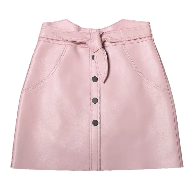 Sexy A-Line Wrap Mini Skirt Bowknot High Waist Buttons Sheepskin Genuine Leather Skirts Women Slim Fit Short Skirt