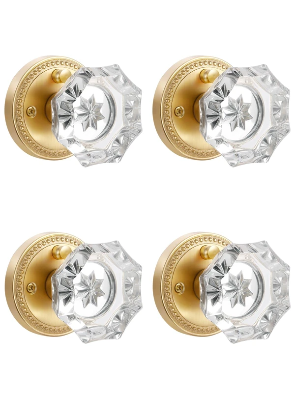 SORWDUERM Gold Door Knobs Crystal Door Knob Interior Satin Brass Privacy Brushed Gold Door Knob for Bedroom and Bathroom Glass Door Handles,Zinc Alloy 4 Pack