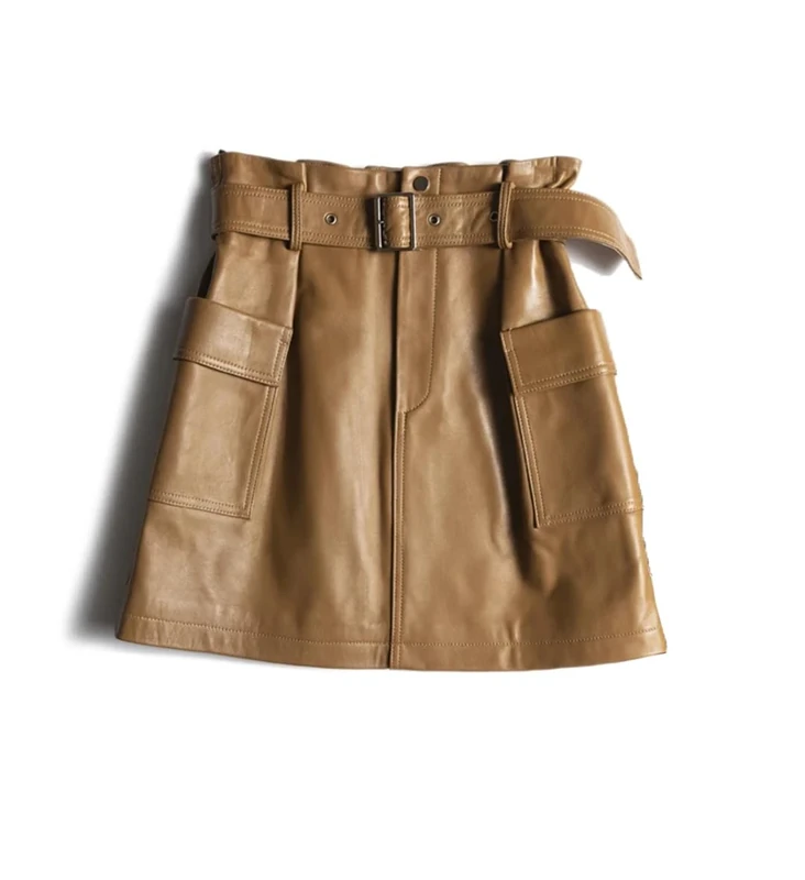 Genuine Leather Sheepskin Sexy Mini Skirt Women Spring High Waist Retro A-Line Skirt Brown