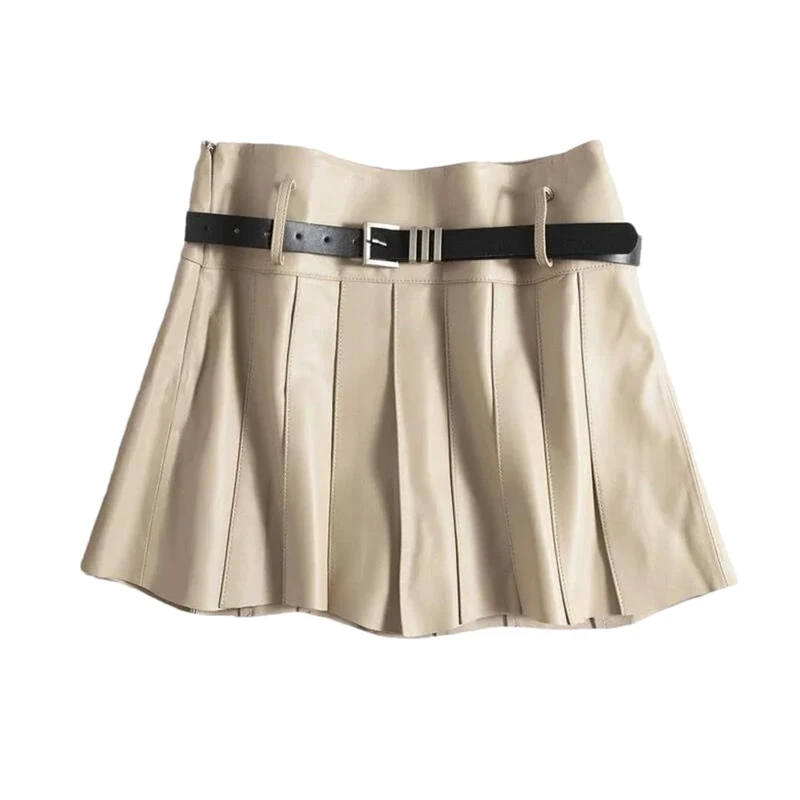 Women Real Leather A-Line Mini Skirt Spring Sexy Pleated Skirt Beige