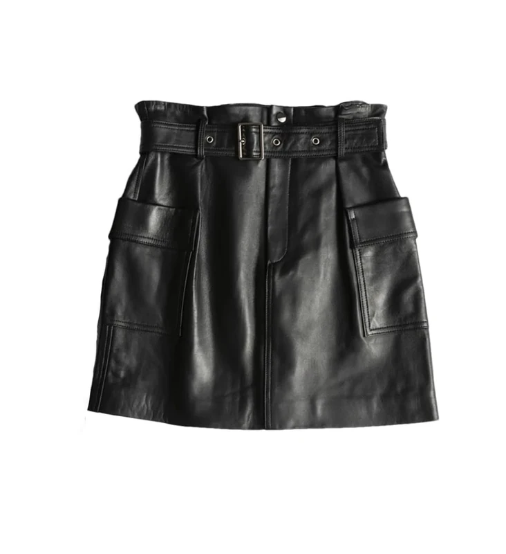 Genuine Leather Sheepskin Sexy Mini Skirt Women Spring High Waist Retro A-Line Skirt Black