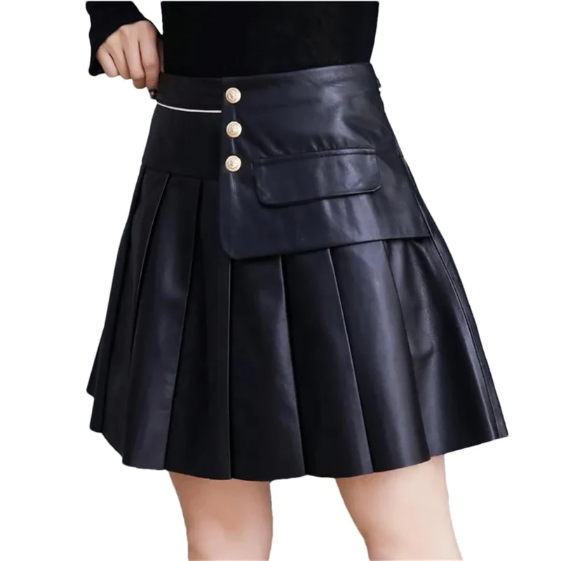 Women Sexy Mini Pleated Skirt High Waist Sheepskin Genuine Leather Short Skirts Ladies Slim Fit A Line Skirt Black