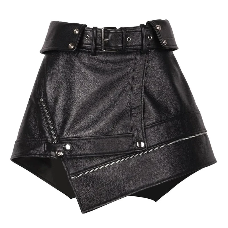 Black Genuine Leather A-Line Skirt Women Asymmetrical Mini Skirt