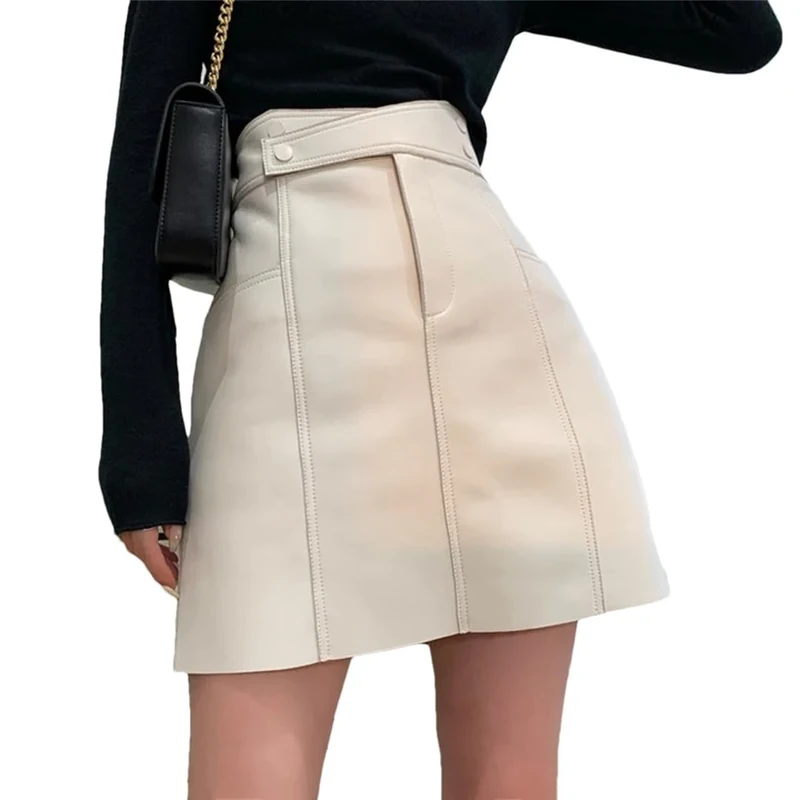 Winter Women Leather Mini Skirts Sexy Slim High Waist A-Line Pocket Skirt White