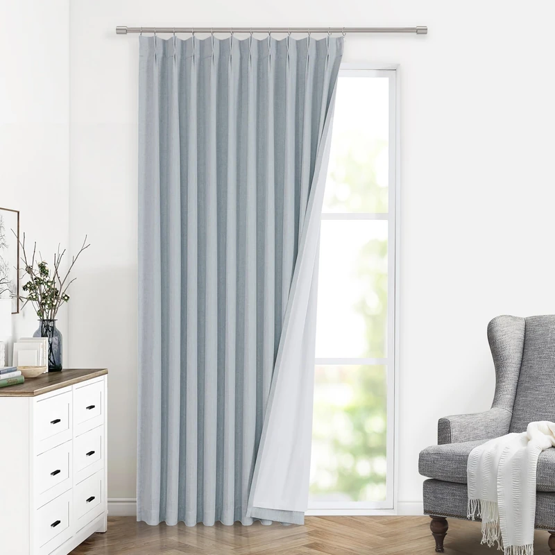 Vision Home Blue Fog Pinch Pleated Full Blackout Curtains Linen Blended Room Darkening Window Curtains 95 inch for Living Room Bedroom Thermal Insulated Pinch Pleat Drapes with Hooks 1 Panel 60"Wx95"L