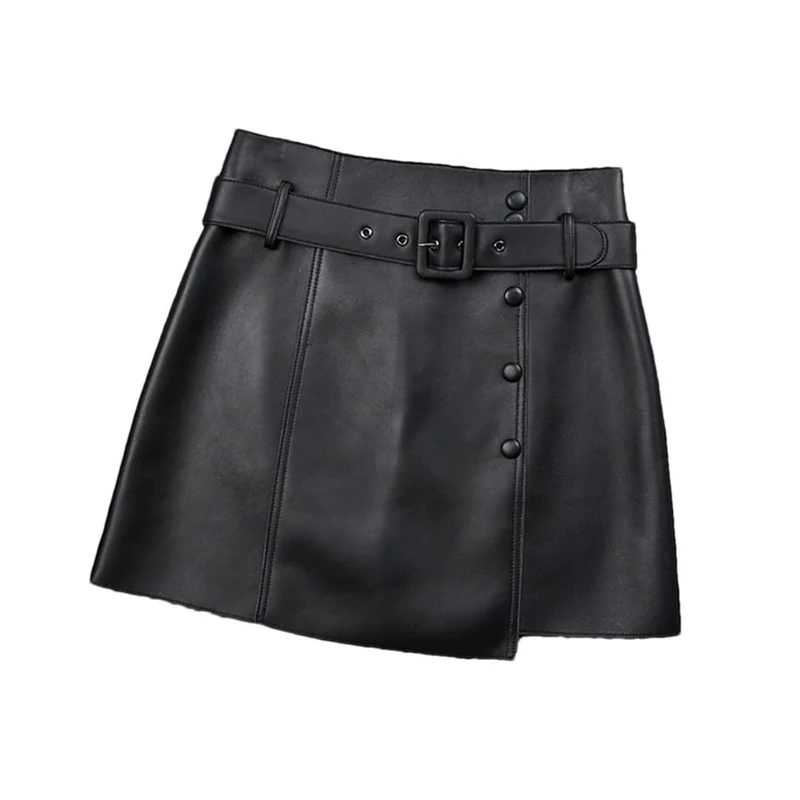 Women Genuine Leather Sheepskin Mini Skirt Simple Commuter Asymmetric Design Belt A-Line Skirt Black