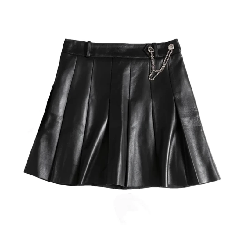 Lambskin Mini Pleated Skirt Women College Style Hot Girl Golden Chain Short Genuine Leather Skirt