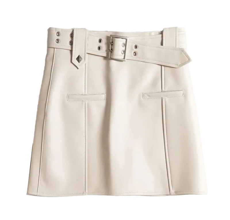 Leather Locomotive Skirt for Women Cargo Skirt with Belt Slim Mini Skirts White