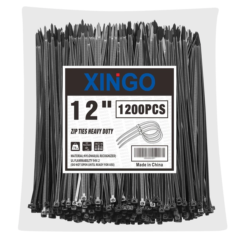 XINGO 12 Inch Black Zip Ties Heavy Duty 1200 PCS, 75 LBS Tensile Strength, UV Resistant Cable Ties, Premium Self-Locking Plastic Ties for Indoor and Outdoor Use
