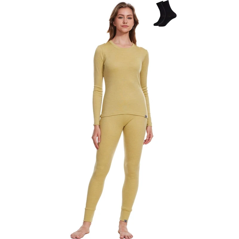 MERINNOVATION Merino Wool Base Layer Set for Women 100% Merino Wool Thermal Underwear Set, Leek Green 250, Large