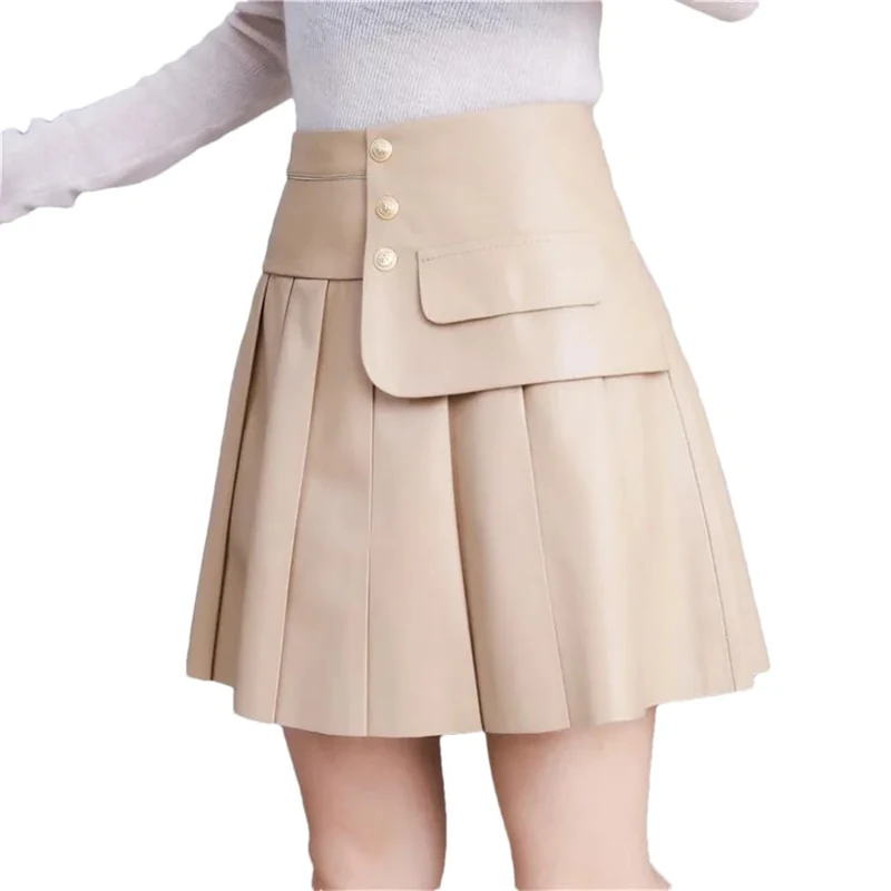 Women Sexy Mini Pleated Skirt High Waist Sheepskin Genuine Leather Short Skirts Ladies Slim Fit A Line Skirt Khaki