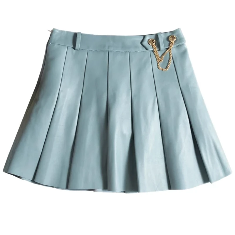 Lambskin Mini Pleated Skirt Women College Style Hot Girl Golden Chain Short Genuine Leather Skirt
