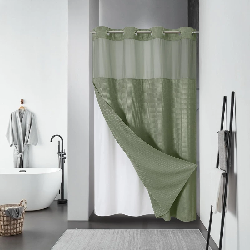 eachope Stall SageGreen No Hook Waffle Weave Shower Curtain with snap-in Liner Replacement, 230GSM Waterproof Fabric Hotel Shower Curtain Set for Bathroom, Through Mesh Top Window,54Wx80H