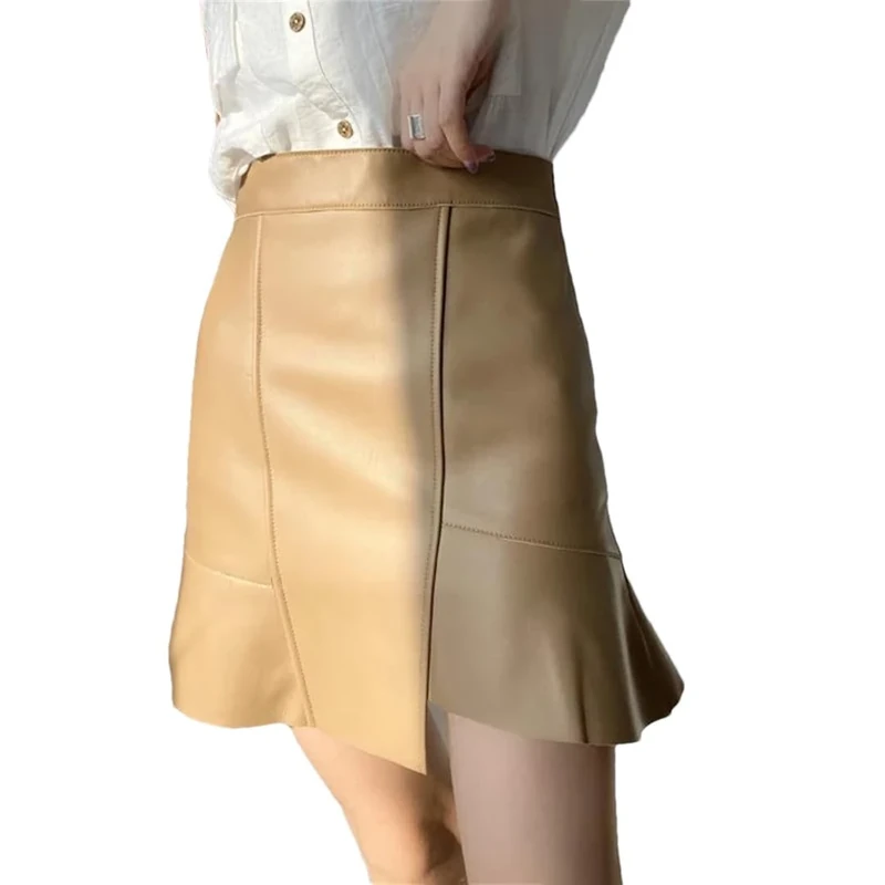 Mini Leather Fishtail Skirt Women Elegant Real Lambskin Irregular Ruffled High Waist Short Skirt Khaki