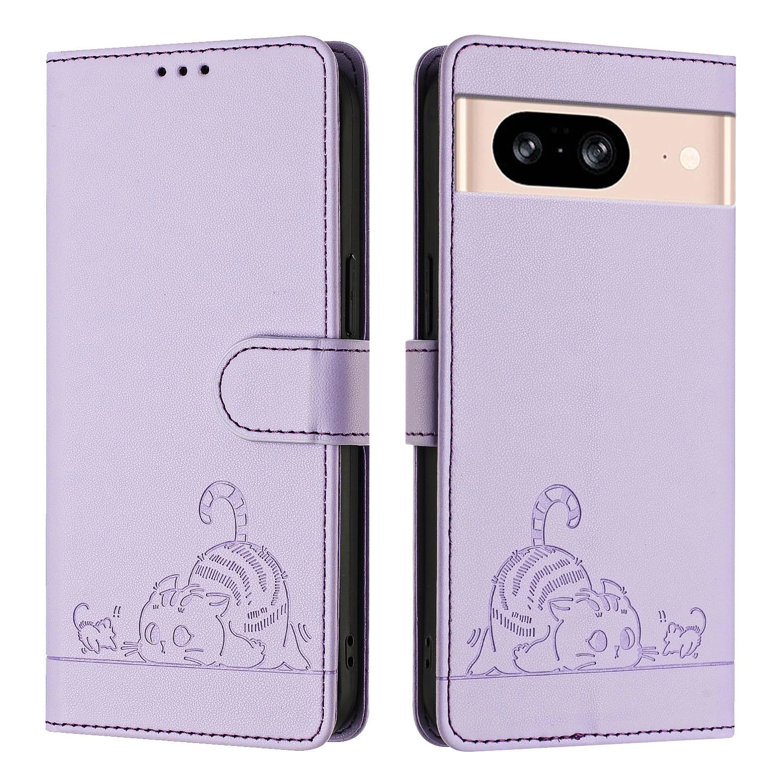 ScandiCasis Google Pixel 8 Flip Case, Cat Pattern Leather Cover with [Card Slots] [RFID] [Wallet] [Kickstand] Shockproof Case, Purple