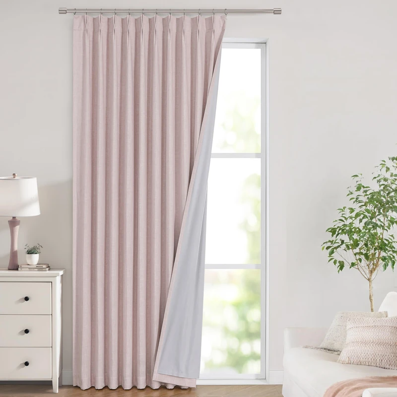 Vision Home Soft Pink Pinch Pleated Full Blackout Curtains Linen Blended Room Darkening Window Panels 108 inch for Living Room Bedroom Thermal Insulated Pinch Pleat Drapes with Hooks 60" Wx108 Lx1