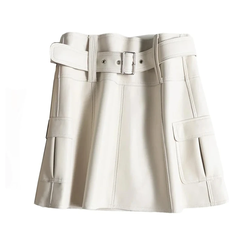 A-Line Skirts Women Spring Genuine Leather Brown Mini Skirt with Belt