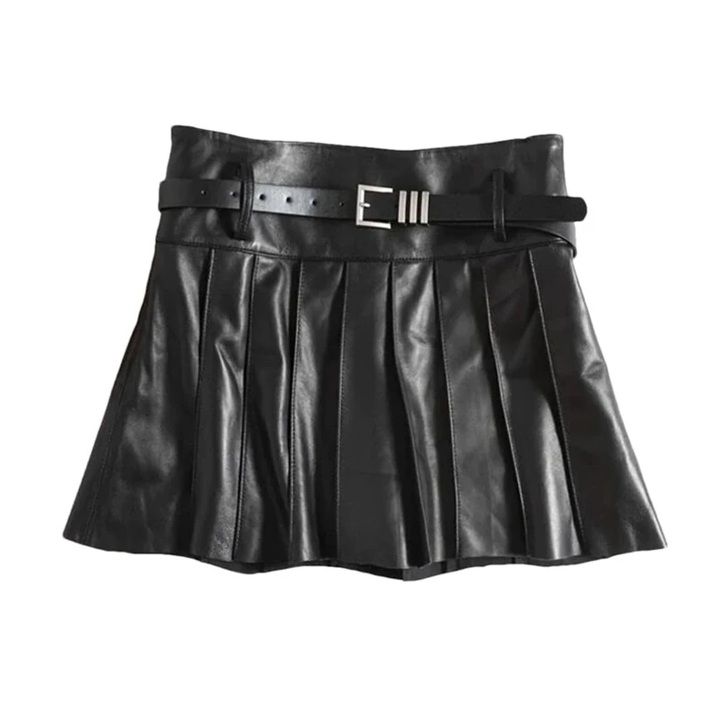 Women Real Leather A-Line Mini Skirt Spring Sexy Pleated Skirt Black