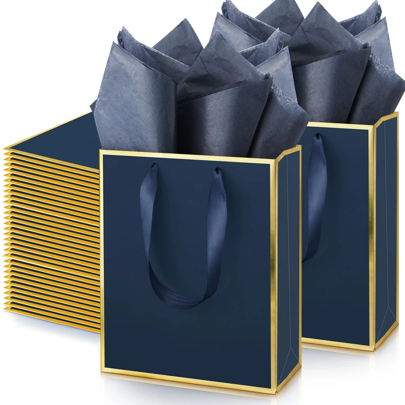 Yeaqee 50 Pack Metallic Gift Bags with Handle and Tissue Paper for Wedding Graduation Holiday Bridesmaid Thank You 5 Senses Gift Bag for Her Him Birthday 9 x 7 x 3.15''(Navy Blue and Gold)