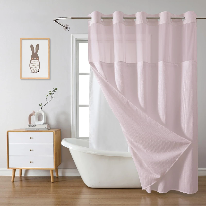 eachope BlushPink No Hook Waffle Weave Shower Curtain with snap-in Liner Replacement, 230GSM Waterproof Fabric Hotel Shower Curtain Set for Bathroom, Through Mesh Top Window,71Wx74H