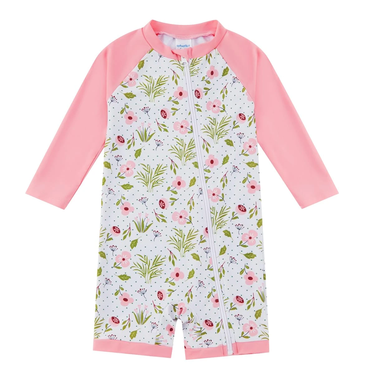 upandfast Baby Girl One Piece Swimwear Rash Guard UV Protection Full Zipper Infant Sunsuit(Flowers, 6-9 Months)