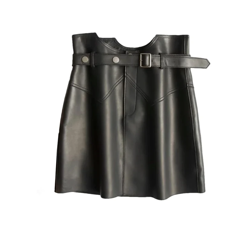 Genuine Leather Sexy Mini Skirt Women Spring High Waist Buttons Retro Belt Pencil Skirt Black