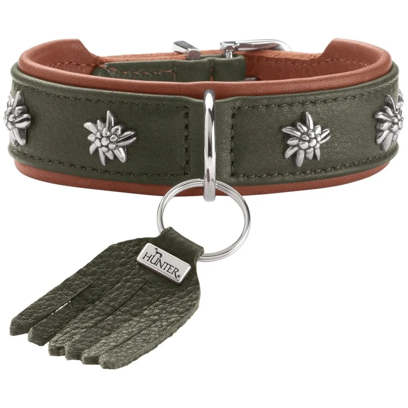 HUNTER Munich Dog Collar Colour: Green/Cognac, Leather, Elegant Costume Details, Soft and Robust, Fur Friendly, Luxurious, Ecologically Produced, Sustainable, Made in Germany, Size: 37