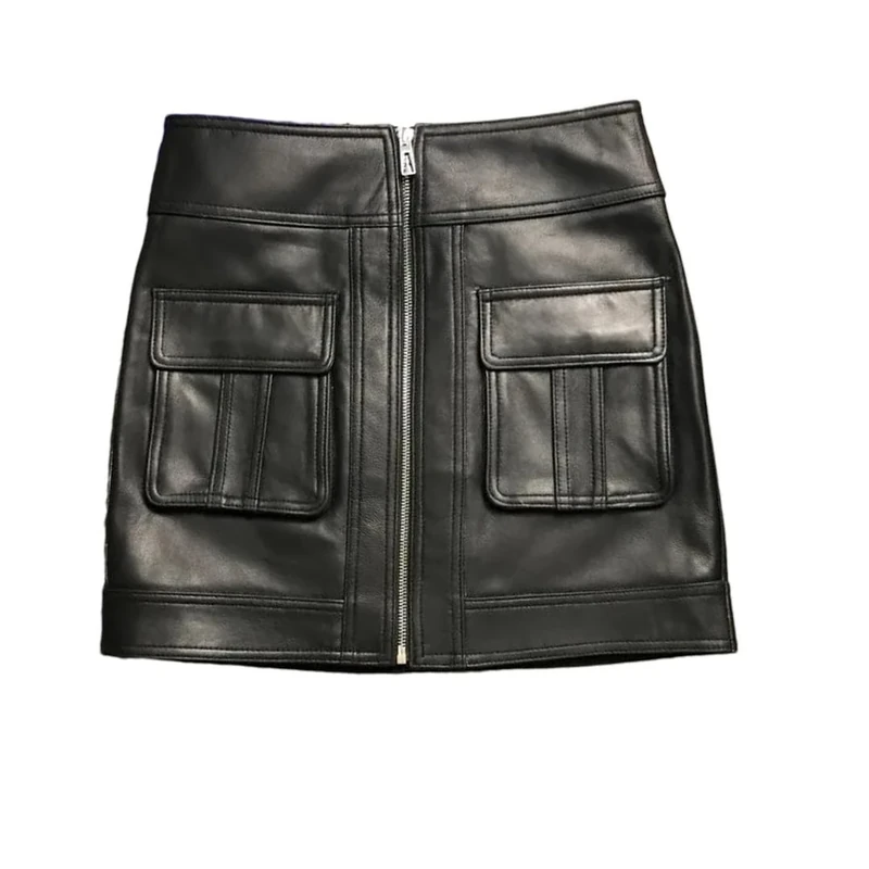 Sexy Mini Wrap Skirt Punk Style Women Zipper Pockets Sheepskin Genuine Leather Skirts Slim Vintage Short Skirt Black