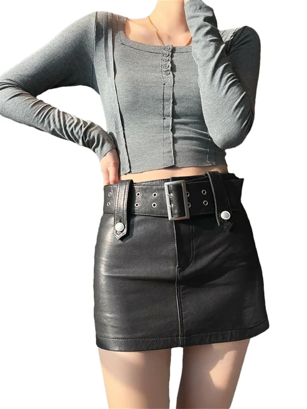 Lambskin Cargo Skirts Women Leather Mini Skirt with Belt Hot Locomotive Thin Club Sexy Skirt Black
