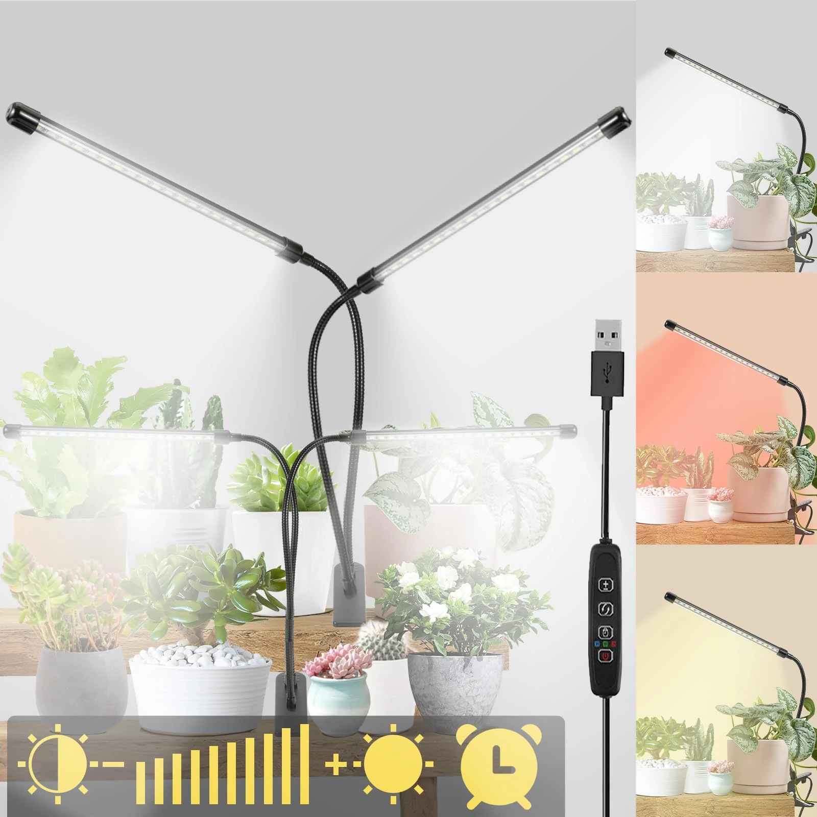 Bufccy 2 Head Plant Lights, 6000K Full Spectrum Grow Light for Flowers, Fruits, Vegetables, Auto On Off Timing, 9 Dimming, 360 Degree Adjustable Grow Lights for Indoor Plants, 2 Pack