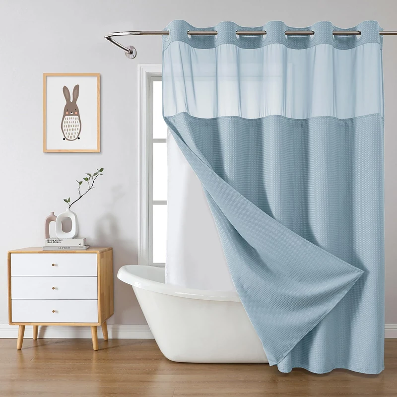 eachope Teal Hook Waffle Weave Shower Curtain with snap-in Liner Replacement, 230GSM Waterproof Fabric Hotel Shower Curtain Set for Bathroom, Through Mesh Top Window,71Wx77H