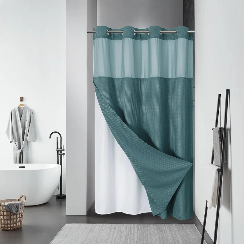 eachope SeawedGreen No Hook Waffle Weave Shower Curtain with snap-in Liner Replacement, 230GSM Waterproof Fabric Hotel Shower Curtain Set for Bathroom, Through Mesh Top Window,54Wx80H