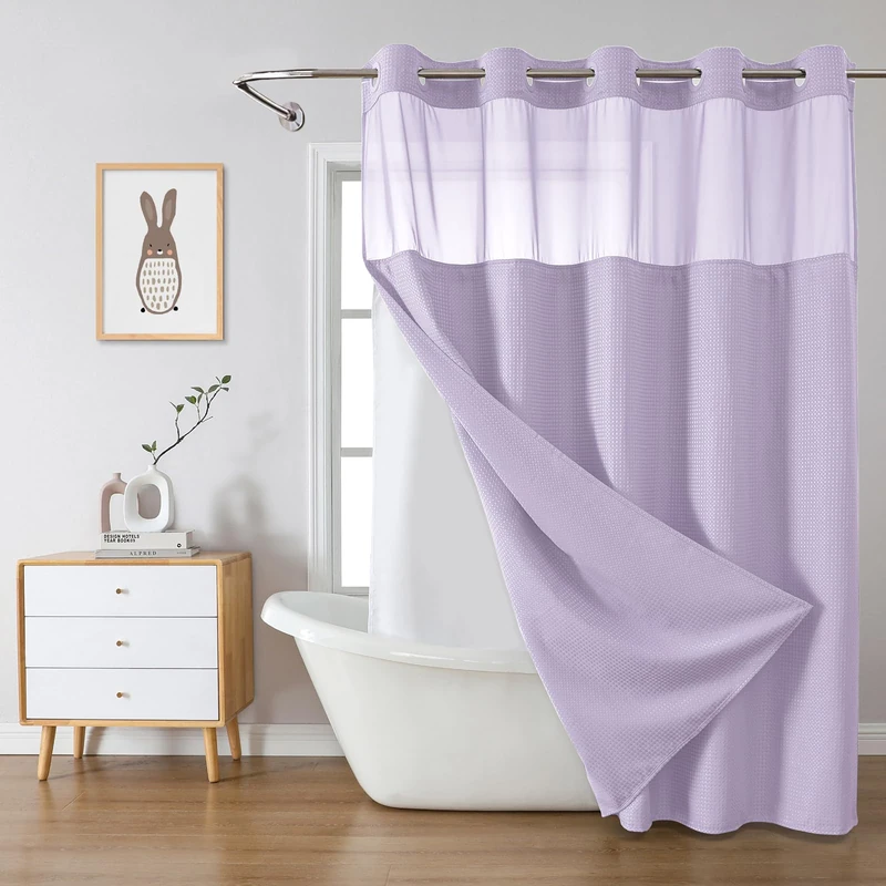 eachope Lavender No Hook Waffle Weave Shower Curtain with snap-in Liner Replacement, 230GSM Waterproof Fabric Hotel Shower Curtain Set for Bathroom, Through Mesh Top Window,71Wx74H