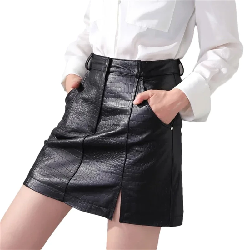 Women Crocodile Print Embossed Sheepskin Mini Skirts Real Leather Short Split A-Line Skirt