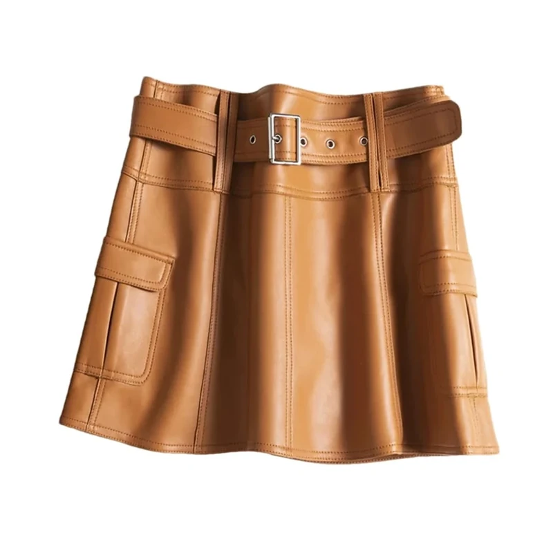 A-Line Skirts Women Spring Genuine Leather Brown Mini Skirt with Belt