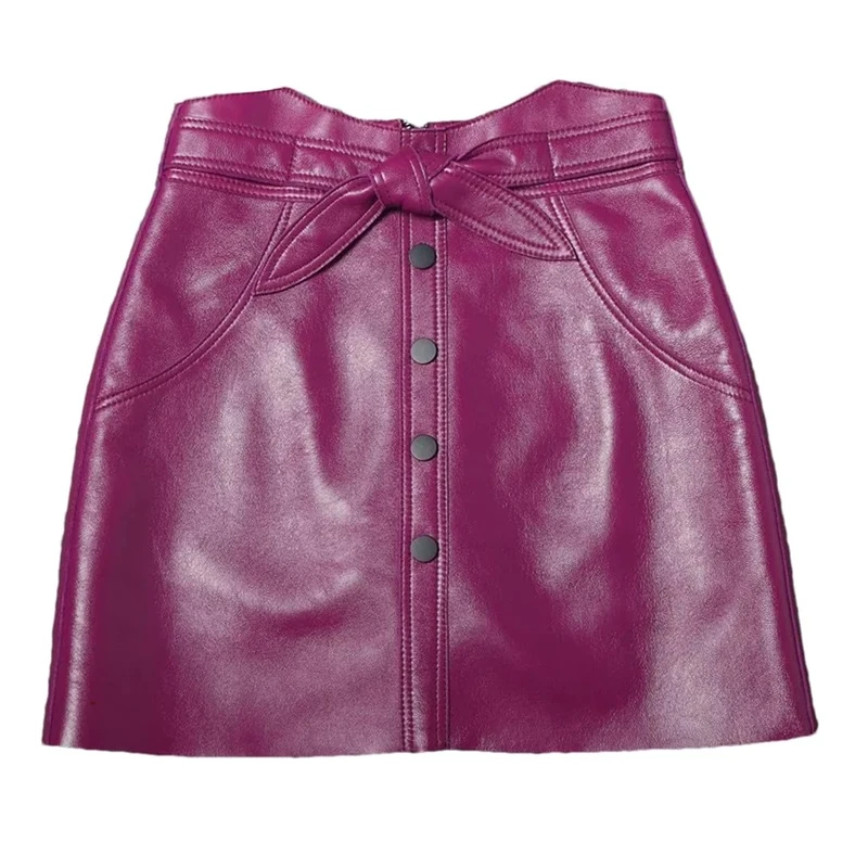Sexy A-Line Wrap Mini Skirt Bowknot High Waist Buttons Sheepskin Genuine Leather Skirts Women Slim Fit Short Skirt Purple